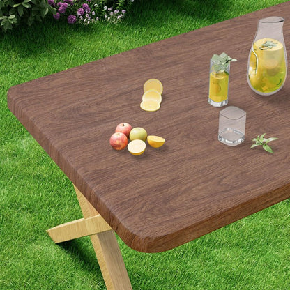 misaya Rectangle Vinyl Tablecloth, Fitted Table Cover, Waterproof, Elastic Edge, Plastic Table Cloth Fit 6 Foot Folding Tables for Picnic, Indoor and Outdoor (Oak Wooden Grain, 30 x 72 inch)