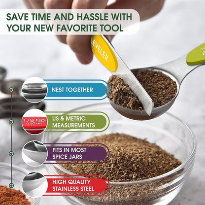 Spring Chef Multicolor Stainless Steel Magnetic Measuring Spoons Set of 8 with Leveler, Nesting Metal Teaspoon & Tablespoon Measuring Spoons, Kitchen Gadgets for Baking & Cooking - 2 Pack