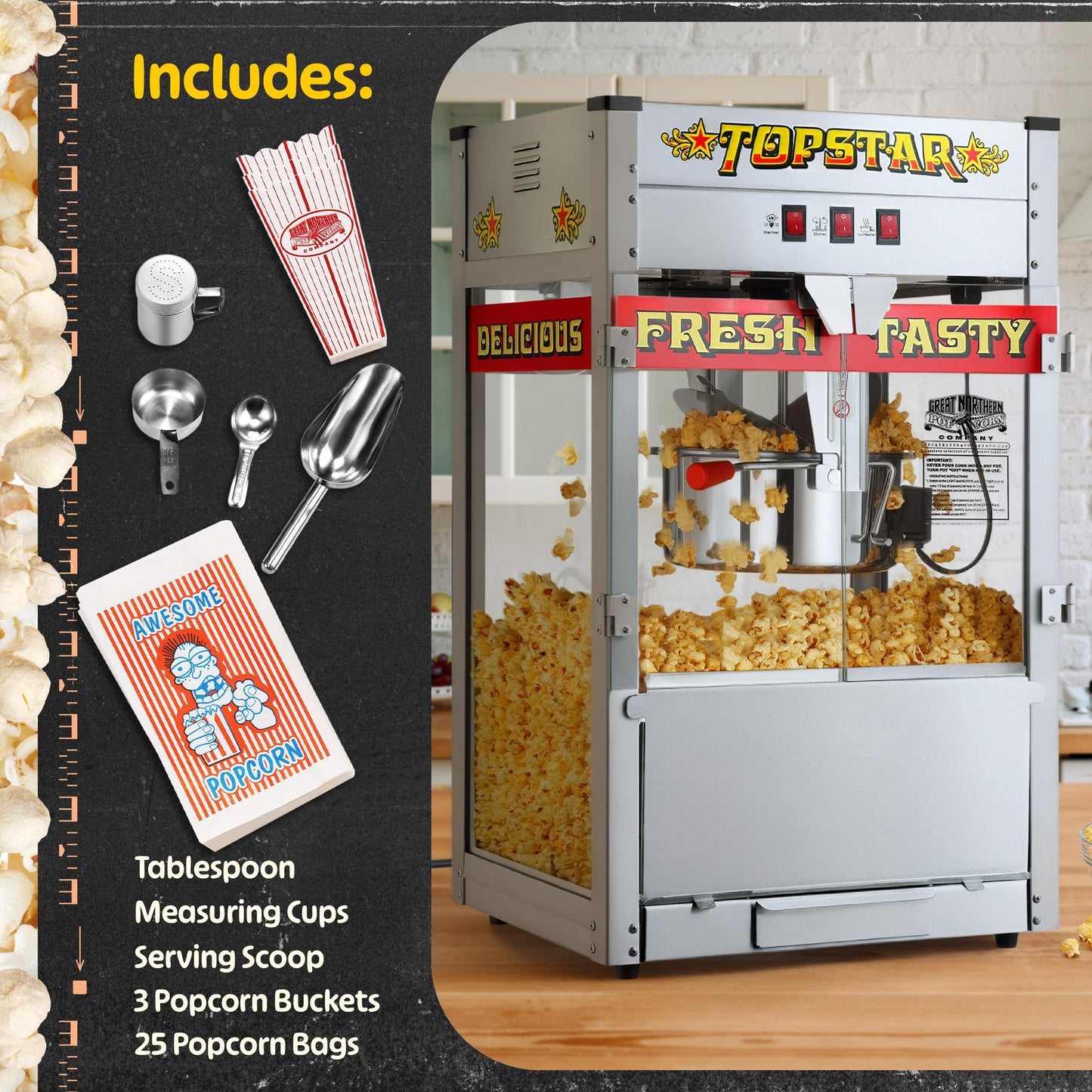 Top Star Popcorn Machine - 12oz Stainless-Steel Kettle, Reject Kernel Tray, Warming Light, and Accessories by Great Northern Popcorn (Red and Yellow)