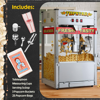 Top Star Popcorn Machine - 12oz Stainless-Steel Kettle, Reject Kernel Tray, Warming Light, and Accessories by Great Northern Popcorn (Red and Yellow)