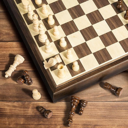 2 in 1 Magnetic Chess Set &amp Chinese Checkers 13 Wooden Board Game with Storage Drawer and 60 Glass Marbles + Bonus 12 Spare &amp 2 Extra Queensfor Kids and Adults