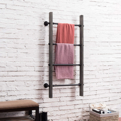 MyGift Wall-Leaning Rustic Gray with White Finish Wood Ladder-Style Blanket Rack Vintage Grey Wood & Industrial Metal Pipe Wall Mounted Ladder Rack, 46 Inch Towel Shelve