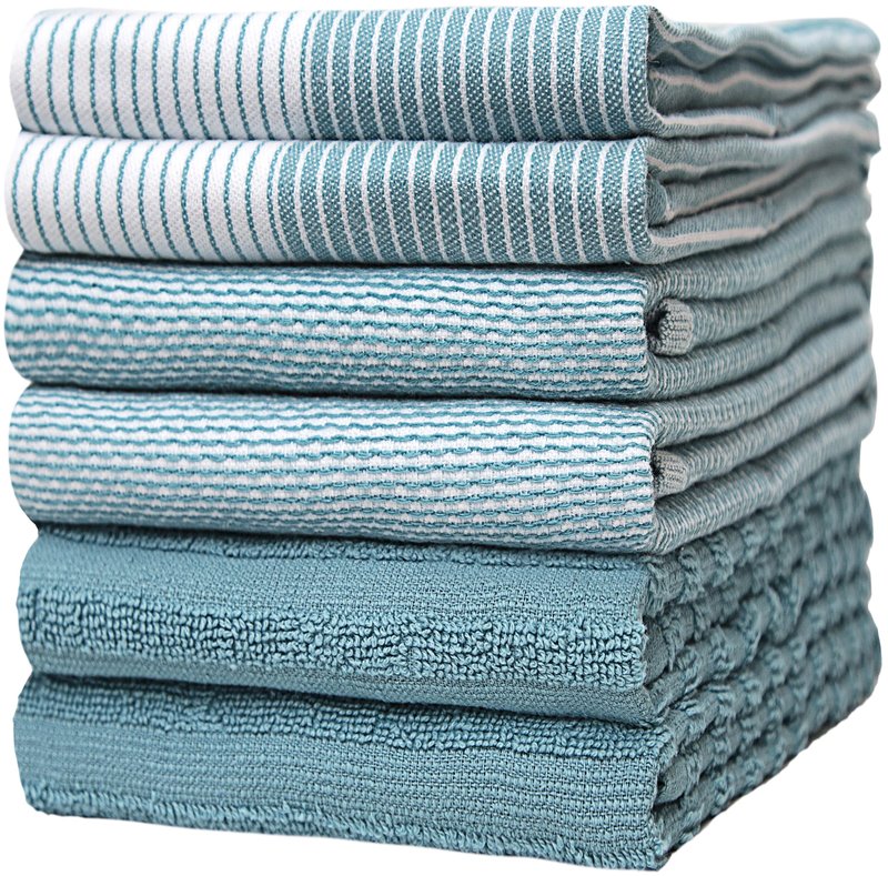 Premium Kitchen Towels (20”x 28”, 6 Pack) | Large Cotton Dish Towels | Flat & Terry Highly Absorbent Kitchen Linen Set with Hanging Loop | Aqua