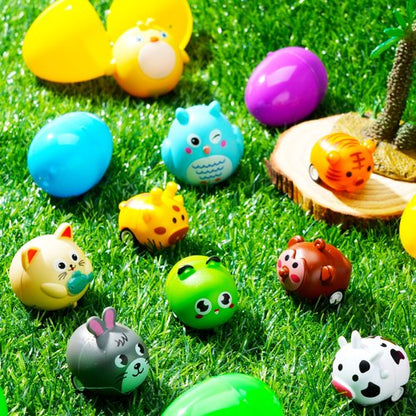 JOYIN 12 Pcs Prefilled Easter Eggs with Toys, Plastic Easter Eggs with Animal Cars for Kids Gift, Basket Stuffers, Classroom Prize Supplies, Party Favors