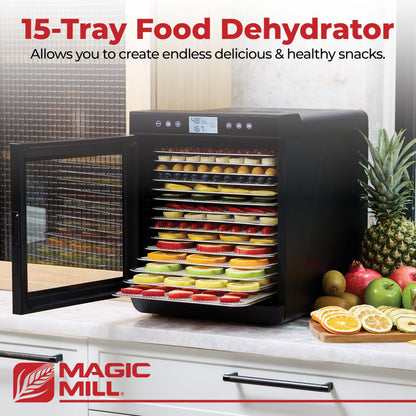 Magic Mill Premium Food Dehydrator Machine (15 Extra-Large Stainless Steel Trays) 800W Dryer for Beef Jerky, Fruits, Vegetables, Dog Treats, 48 Hour Digital Timer - 95°-167° Temperature Control