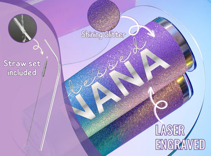 Onebttl Christian Grandma Gifts for Mother's Day, 20oz Purple & Blue Glitter Skinny Tumbler, Straw & Lid Included, Nana Gifts - Blessed Nana