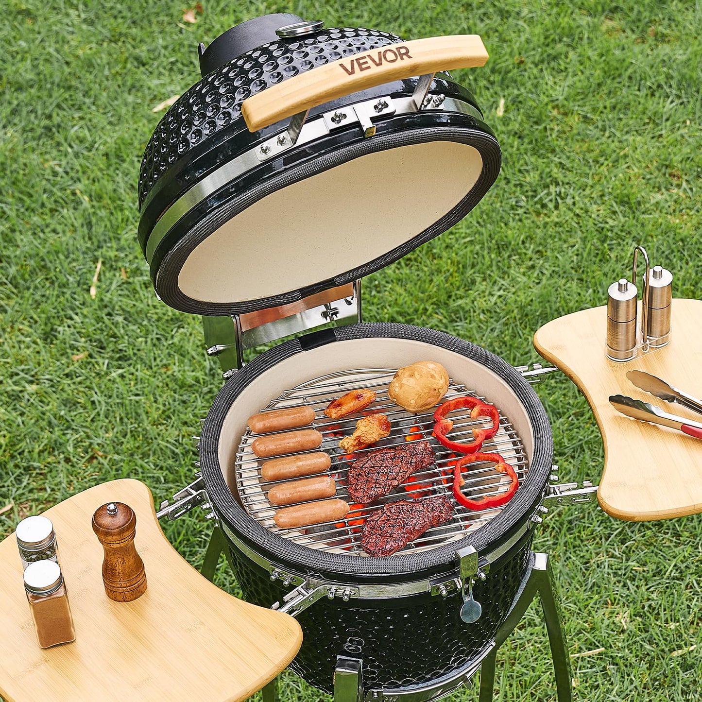 VEVOR Charcoal Smoker and Grill, 18" Kamado Charcoal BBQ Smoker, Movable Ceramic Barbecue Grill with 4 Wheels (2 Lockable), Built-in Thermometer, Air Vents & Side Shelf for Outdoor Patio Yard Cooking