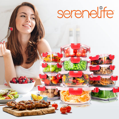 SereneLife 24 Piece Glass Storage Containers with Lids, 12 Pack Glass Meal Prep Container Set for Lunch, Kitchen Storage, Food Storage, Leak Proof, Freezer Safe and Dishwasher Safe, Red