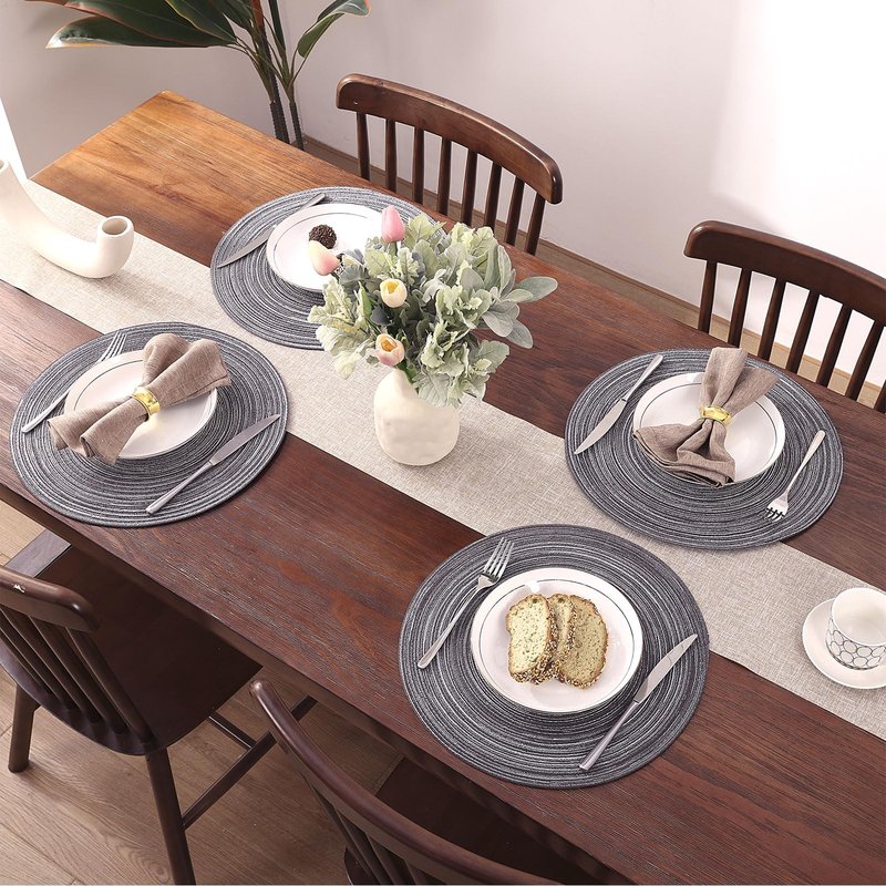 SHACOS Round Braided Placemats Set of 8 Round Table Mats for Dining Tables Non Slip Washable (Black Grey, 8)