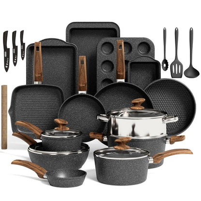 Kitchen Induction Cookware & Bakeware Set - 30 Piece Black Granite Cooking Pans Set, Non-Stick Pots and Pans Set
