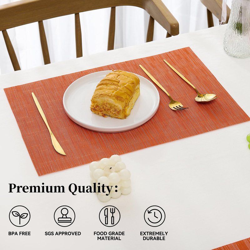 Leetaltree Orange Placemats Set of 4 - Heat Resistant Non-Slip Place mats for Dining Table, Washable Durable PVC Vinyl Woven Table Mats（Orange, 4）