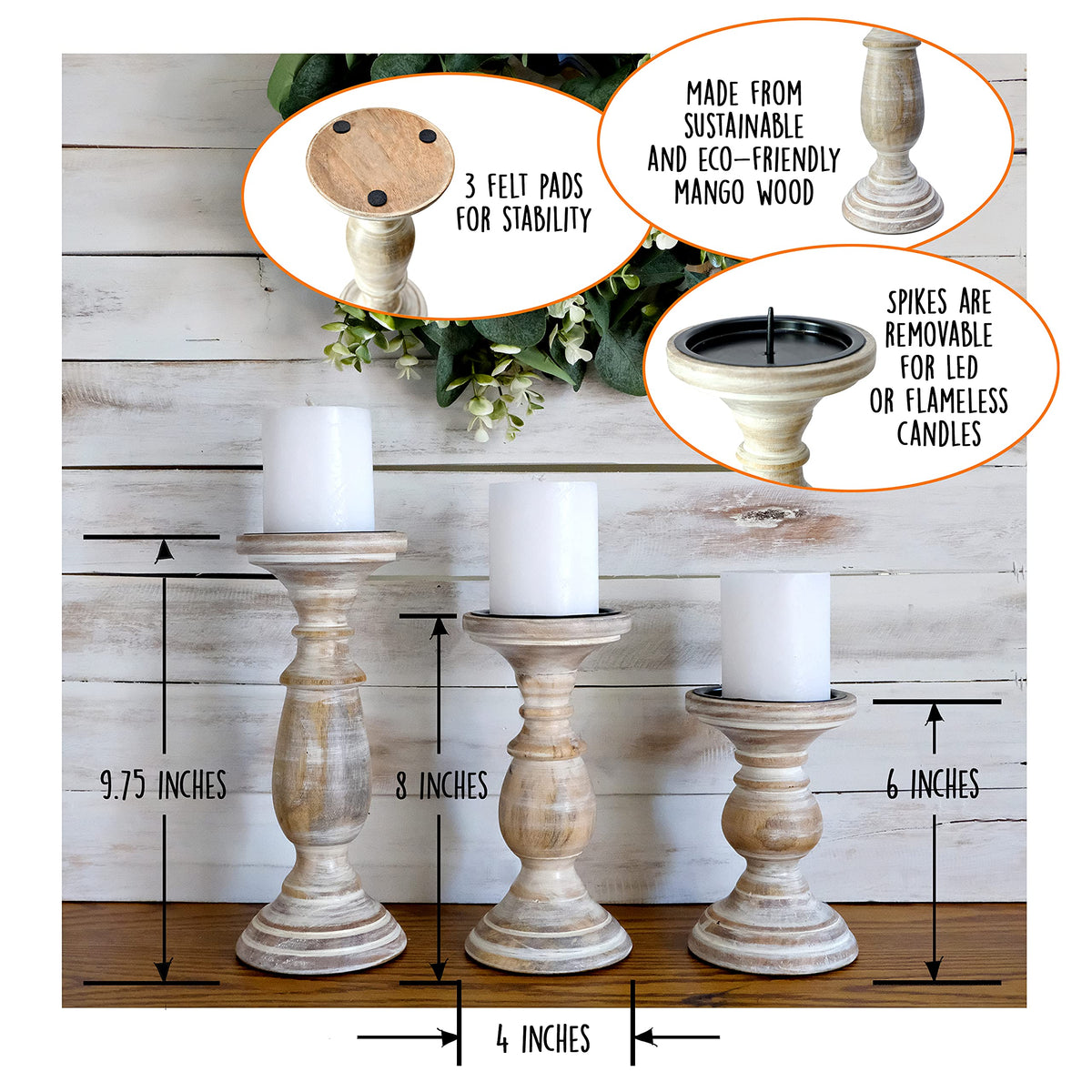Candle Holders for Pillar Candles, Wooden Candleholders Table Centerpiece, Pillar Candle Holders Set of 3, Wood Rustic Farmhouse Fireplace White