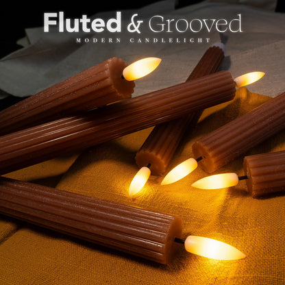 West Ivory 12 Pack, 10" LED Flameless Brown Tan Fluted Ribbed Grooved Taper Candles w/ 2 Remotes & 24h Timer Memory, On/Off Button, Dimmable, Flicker Mode, Battery Operated, Christmas Menorah Wedding