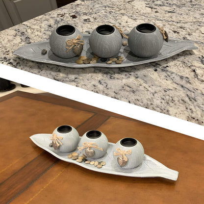 allgala HD90403 Wooden Candle Holder Tray 3 Ball Orbs Set Tealight Centerpiece with Pebbles on Leaf Tray for Coffee Table Dining Table Accents Bowl for Living Room Décor (Green)