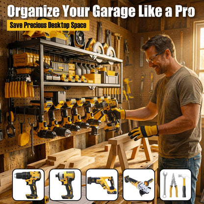 Amoowis Heavy Duty Power Tool Organizer for Wall Mount Garage Storage – 320 lbs Capacity, 3-Tier Iron Wire Rack with 8 Drill Slots, Shelf for Battery Charging Station – Gift for Fathers Day Handyman