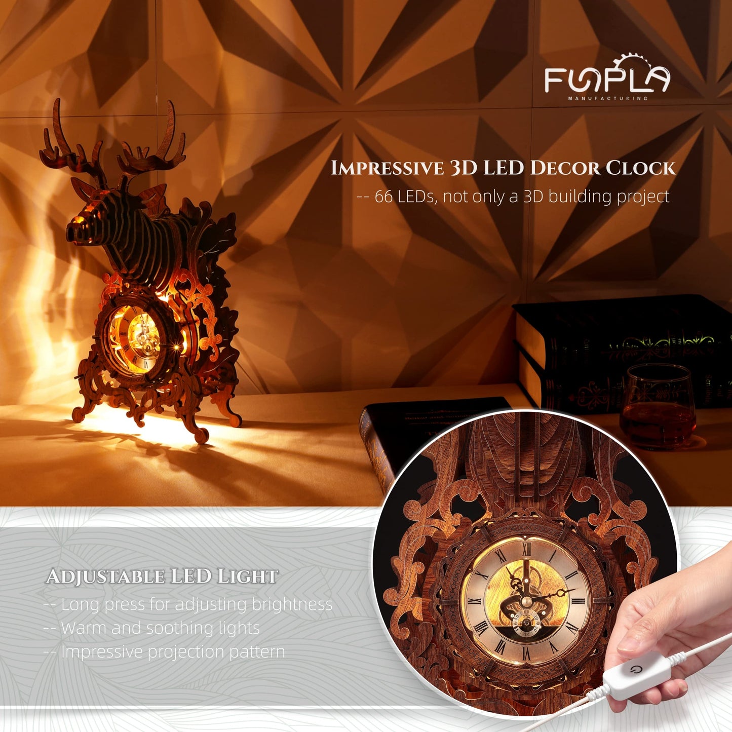 FUNPOLA LED 3D Wood Puzzle Deer Clock, 3D Wooden Puzzle Elk Clock Building Model, Home Décor 3D Wooden Puzzle for Adults/Teens Christmas Gift(Wood, Yellow Light)
