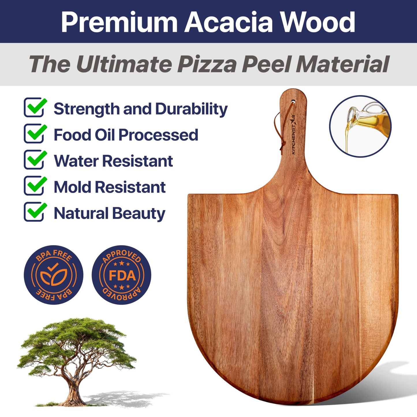 KitchenStar Pizza Cutter Rocker Blade 18" Black + Wooden Pizza Peel 16" + Pizza Stone for Oven and Grill 16" with Handles - Pizza Making Bundle