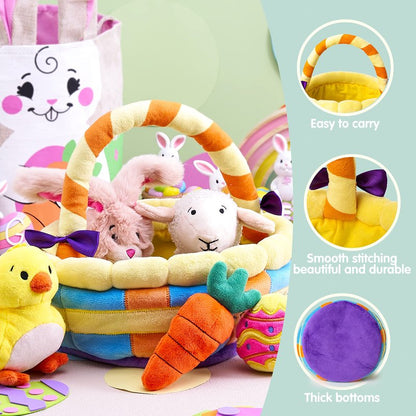 JOYIN 7 PCS Easter Basket Plush Playset Stuffers with Lamb Bunny Chick Carrot Egg Toys, Easter Party Favors Decorations Gifts Supplies for Baby Girls Boys Toddler Kids of All Ages