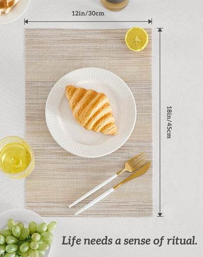 Leetaltree Lightsteel Beige with Yellow Placemats Set of 6 - Heat Resistant Non-Slip Place mats for Dining Table, Washable Durable PVC Vinyl Woven Table Mats (Lightsteel Beige with Yellow, 6)