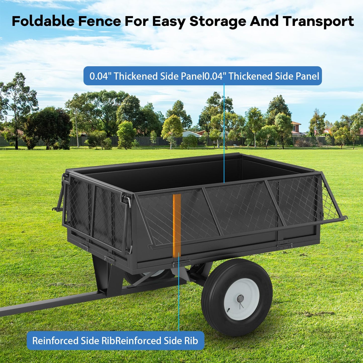 17 Cu.ft Heavy-Duty Steel Dump Trailer Cart, 750 Lb Capacity Tow-Behind Utility Trailer with Removable Mesh Sides & Pneumatic Tires for ATV, UTV, Lawn Tractor, Yard & Farm Hauling, Black