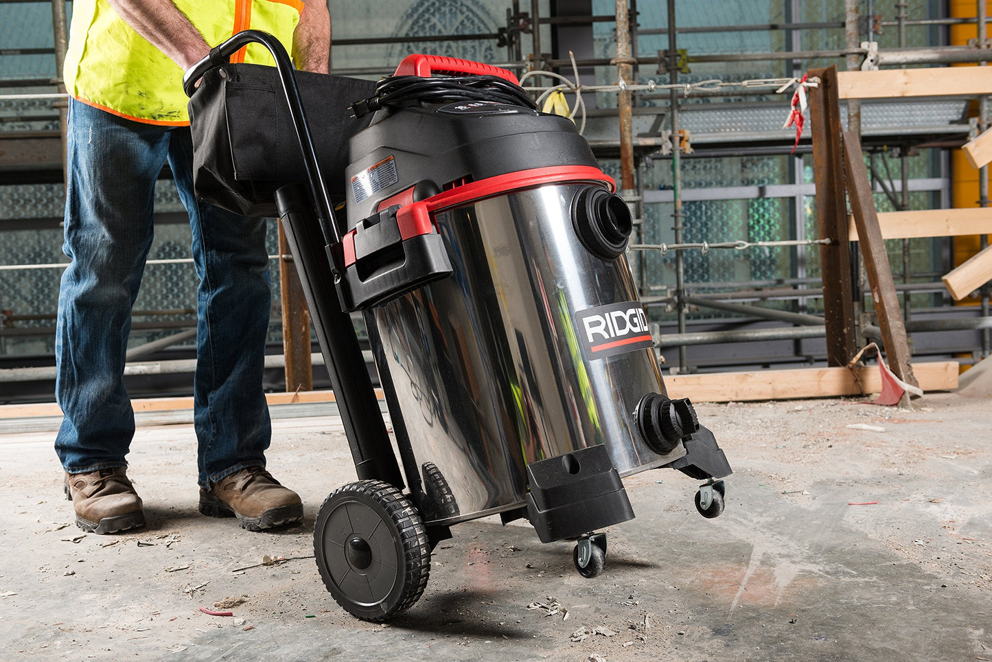 RIDGID 50353 1610RV Stainless Steel 16-Gal. Wet Dry Shop Vacuum with Cart, 6.5 Peak HP Motor, Large Wheels, Pro Hose, Drain, and Blower Port, Red