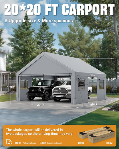 Acepic Upgraded 20x20 Heavy Duty Carport, Features Roll-up Windows & Doors, Portable Garage with UV Resistant Waterproof All-Season Tarp for Car, Truck, Boat