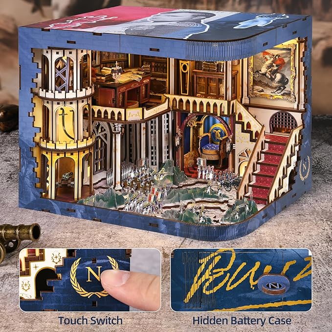 Book Nook Kit with LED Light Miniature House Kit for Birthday 3D Wooden Bookends Puzzle Bookshelf Decor for Adults Teens Beginners (Napoléon)