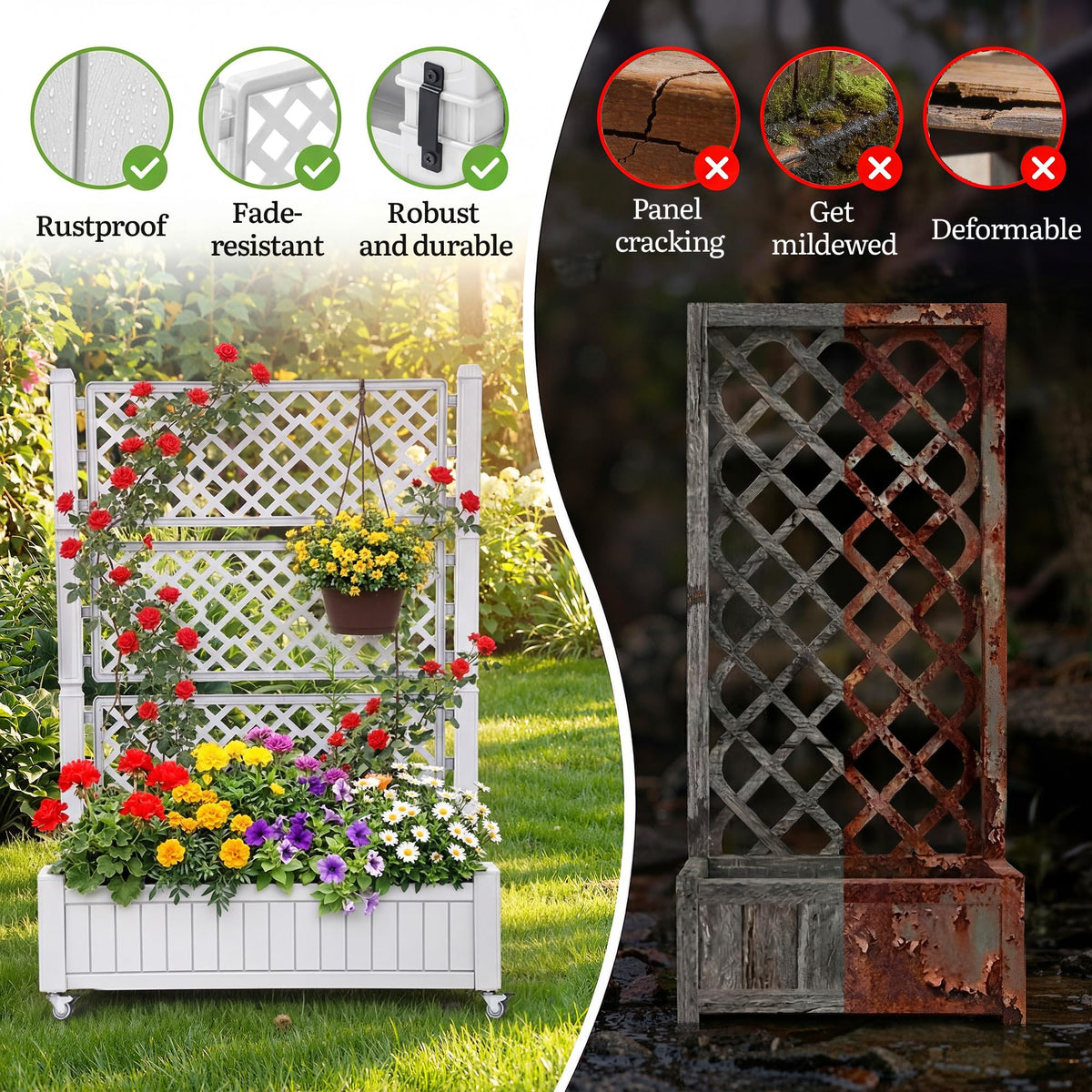 YITAHOME 42.5x14.2x61 in Planter Box with Trellis/Outdoor Privacy Screen, All-Weather Raised Garden Bed with Wheels & Drain Plug for Climbing Plants Flowers Herbs, White