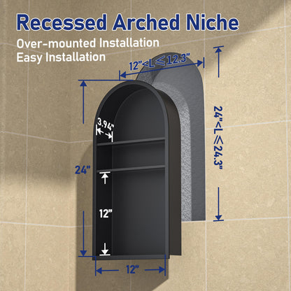 Bernkot Stainless Steel Arched Shower Niche 24" X 12" Matte Black No Tile Needed Vertical Niche Shower with 3-Tier Shelves Recessed Wall Arched Niches for Bathroom Storage