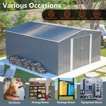12'x14' Galvanized Steel Outdoor Storage Shed with Built-in Raised Metal Floor, Lockable Double French Hinged Doors & 4 Top Air Vents, Extra Large Garden Tool Shed, Gray