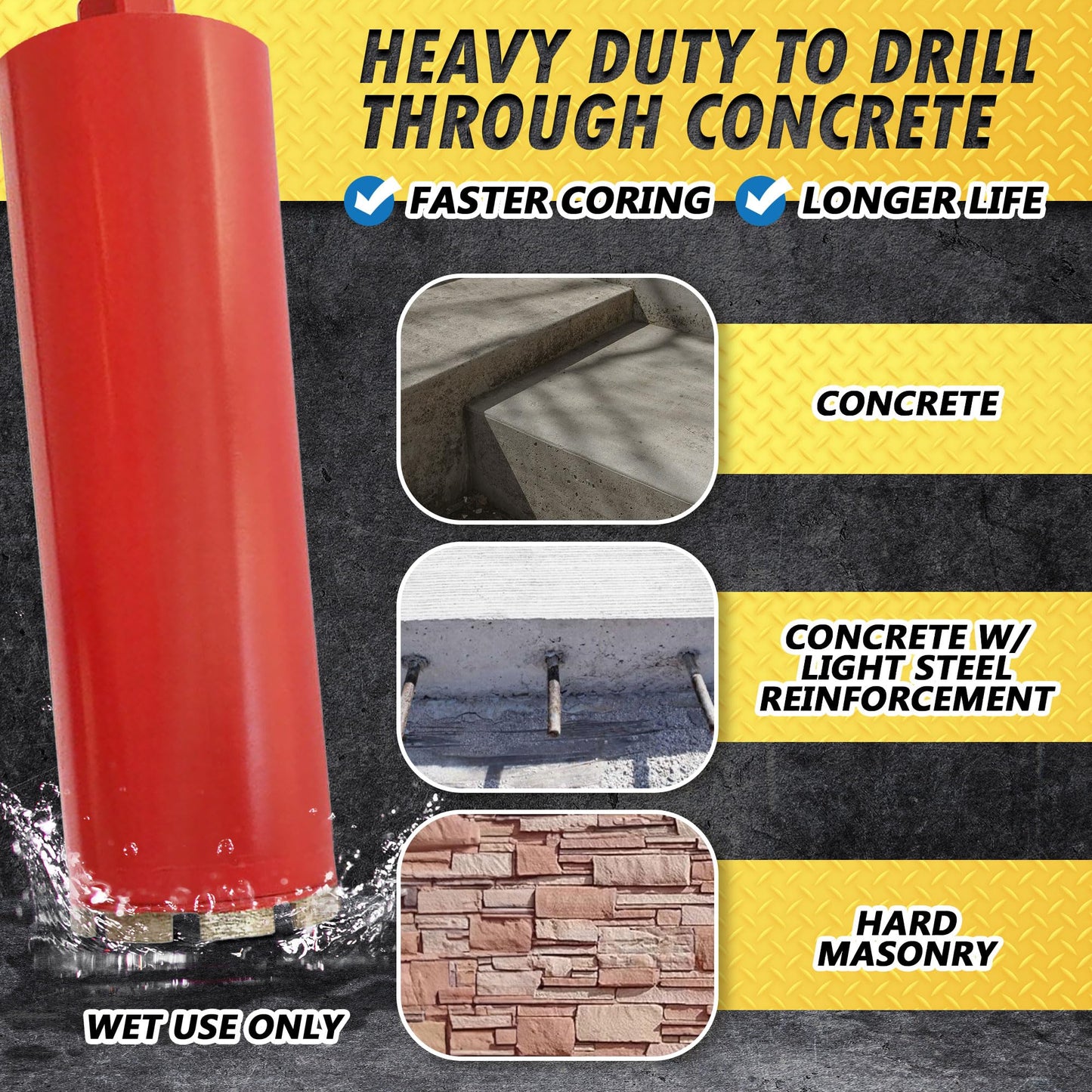 10" Wet Drill Core Bits for Concrete and Hard Masonry, 10mm Segment Height, 14" Drilling Depth, 1-1/4"-7 Arbor, Wet Only