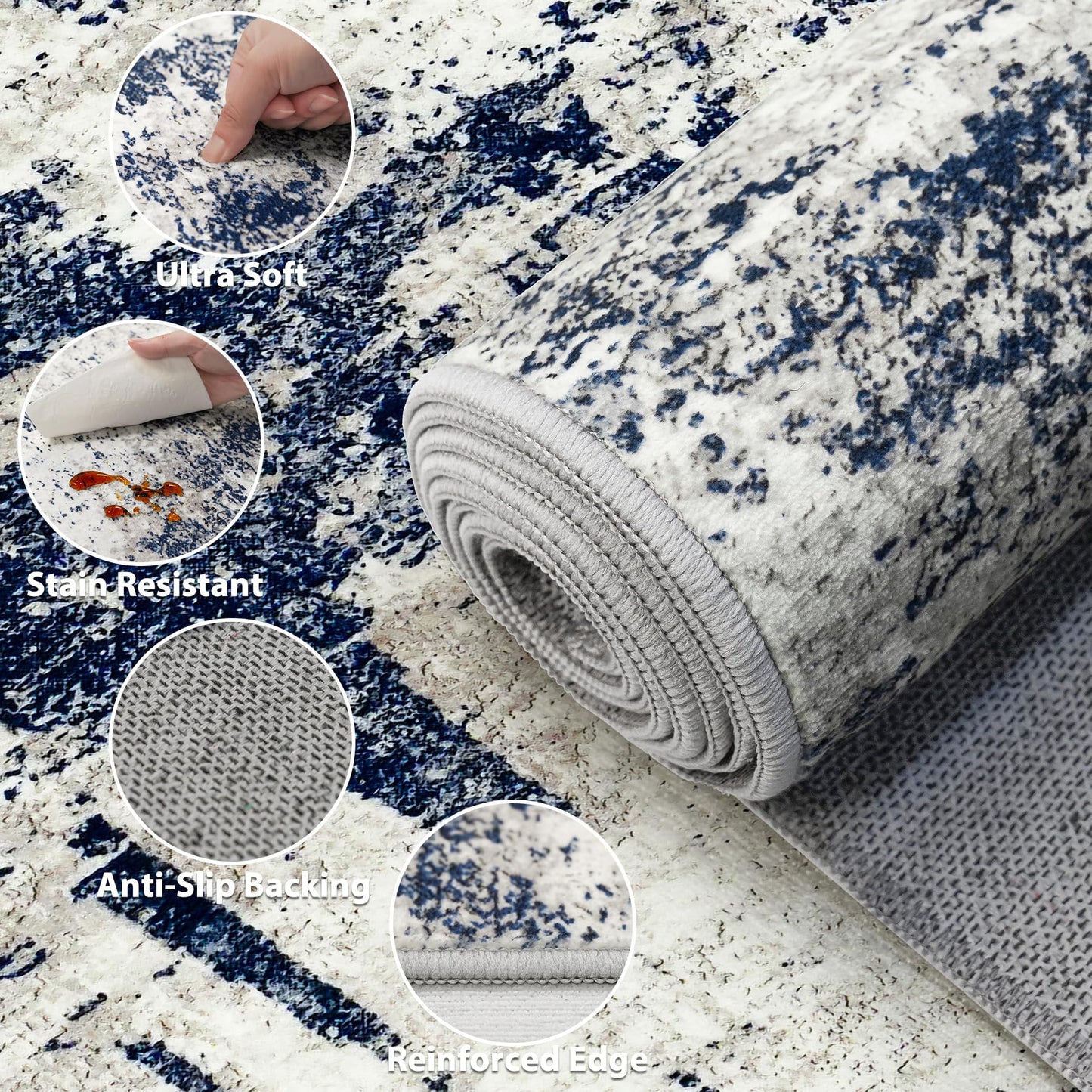Area Rug Living Room Rugs: 5x7 Washable Rug with Anti-Slip Backing Non-Shedding Stain-Resistant Foldable Modern Abstract Carpet for Bedroom Dining Room Nursery Home Office - Gray/Blue
