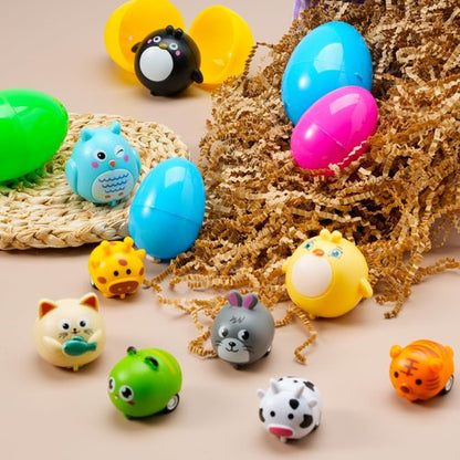 JOYIN 12 Pcs Prefilled Easter Eggs with Toys, Plastic Easter Eggs with Animal Cars for Kids Gift, Basket Stuffers, Classroom Prize Supplies, Party Favors