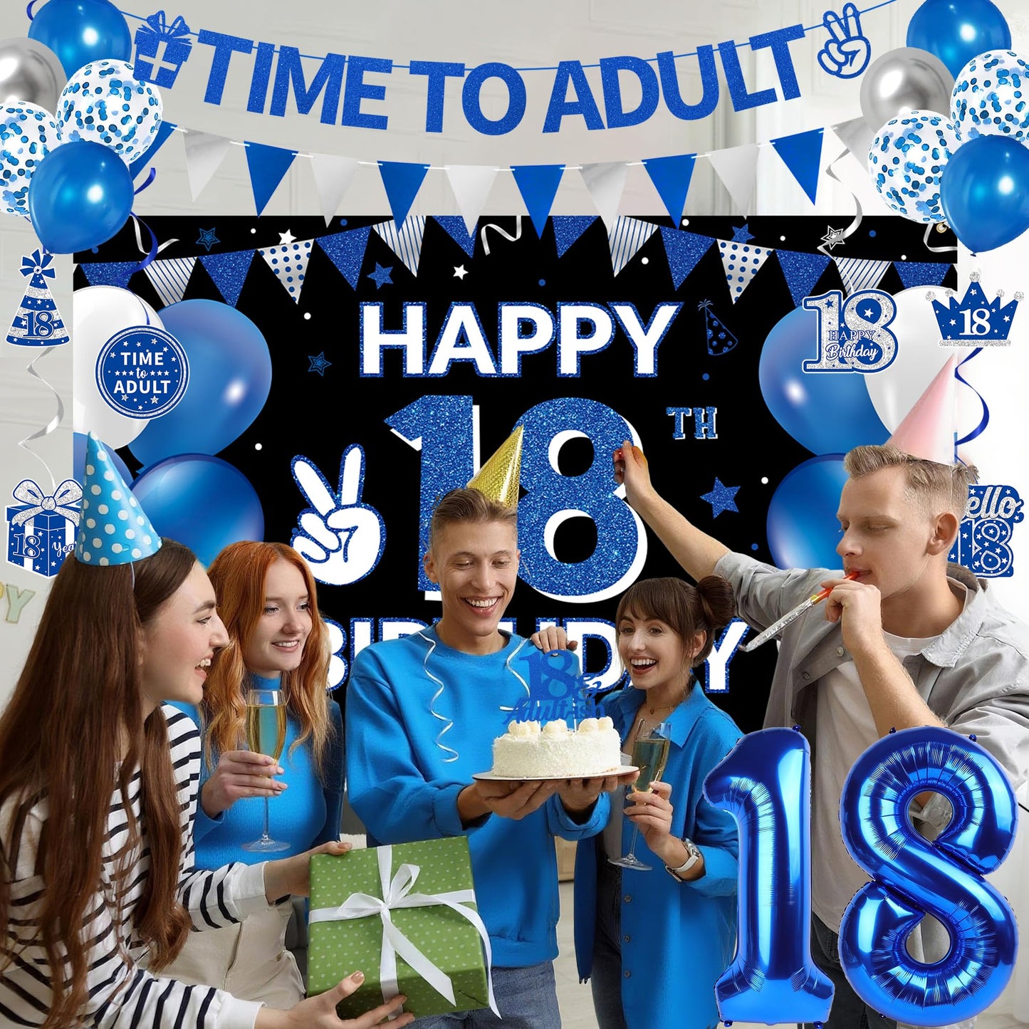 DARUNAXY 18th Birthday Party Decorations for Boys Girls, Blue Time To Adult 18 Banner, 18 Number Balloons & Cake Topper, Cheers To 18 Years Old Birthday Honeycomb Hanging Swirl Confetti Balloons