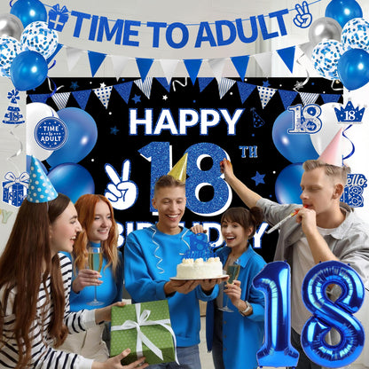 DARUNAXY 18th Birthday Party Decorations for Boys Girls, Blue Time To Adult 18 Banner, 18 Number Balloons & Cake Topper, Cheers To 18 Years Old Birthday Honeycomb Hanging Swirl Confetti Balloons
