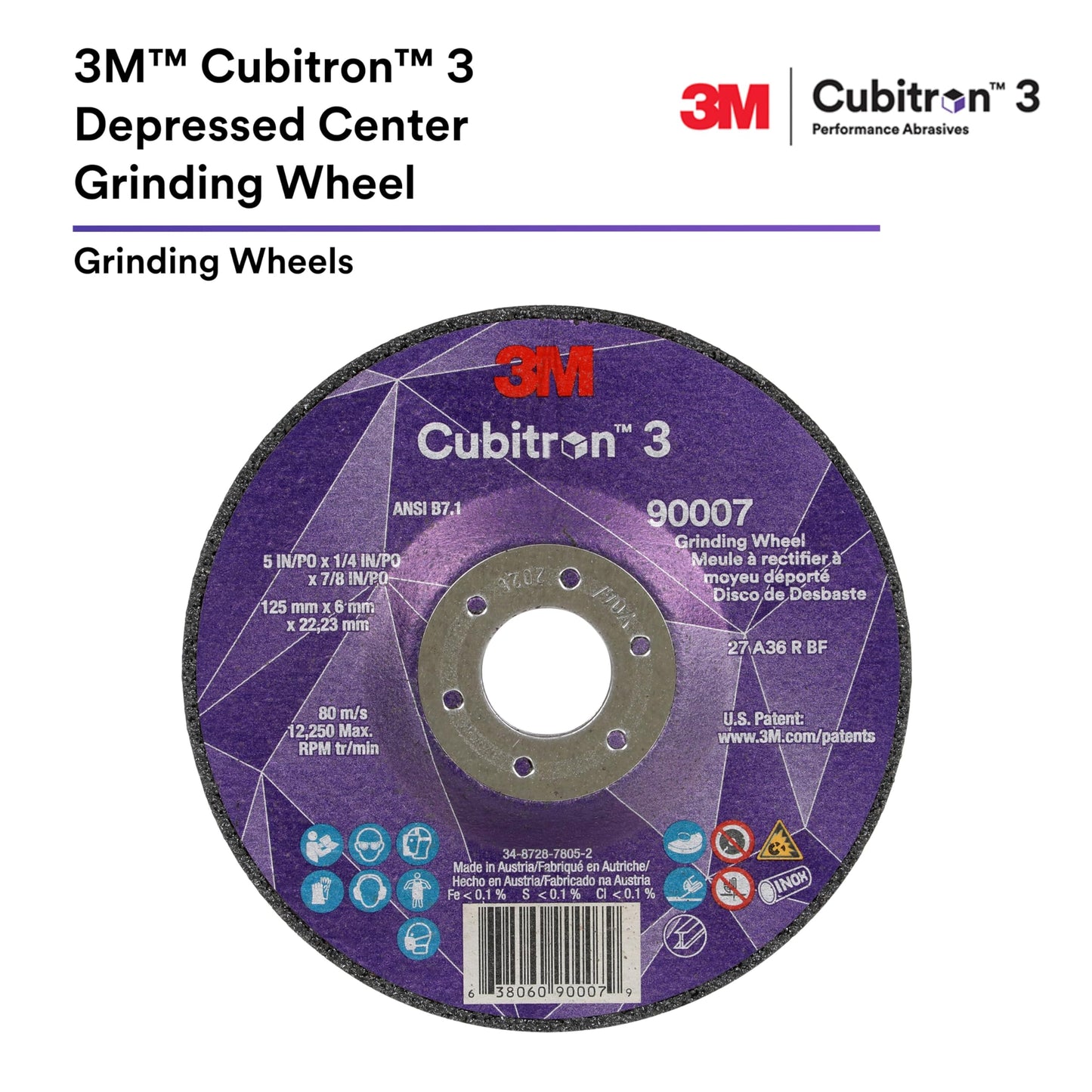 3M Cubitron 3 Depressed Center Grinding Wheel, 90010, 36+, T27, 9 in x 1/4 in x 7/8 in, Pack of 10, ANSI, Precision Shaped Grain, Beveling, Weld Grinding, Heavy Deburring, Slag Removal