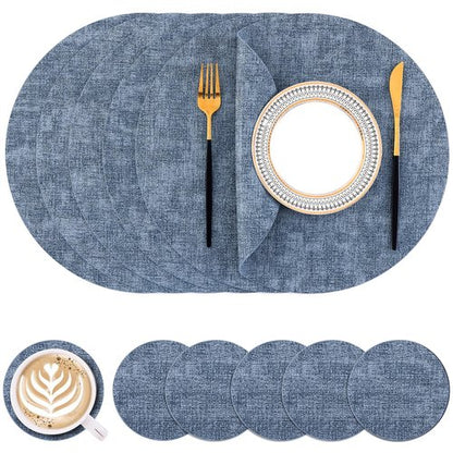 Homaxy Round Faux Leather Placemats and Coasters, Washable Dual-Side Table Mats, Wipeable Heat-Resistant Dining Place Mats for Outdoor and Indoor, Set of 6, Diameter 13 and 3.93 inch, Blue