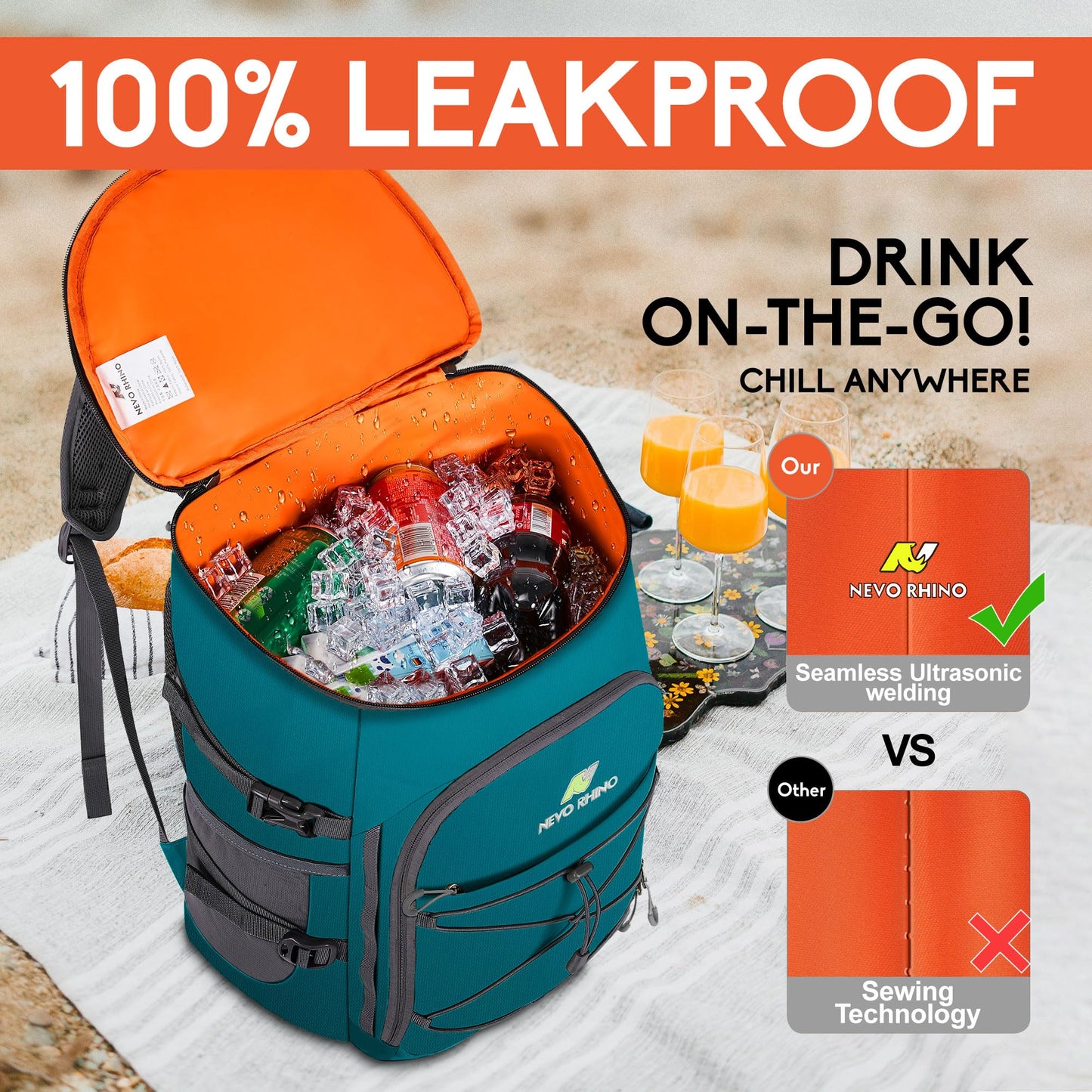 N NEVO RHINO Backpack Cooler, 36 Cans, Insulated, Waterproof, Leakproof, Large Capacity, Multiple Pockets, Green