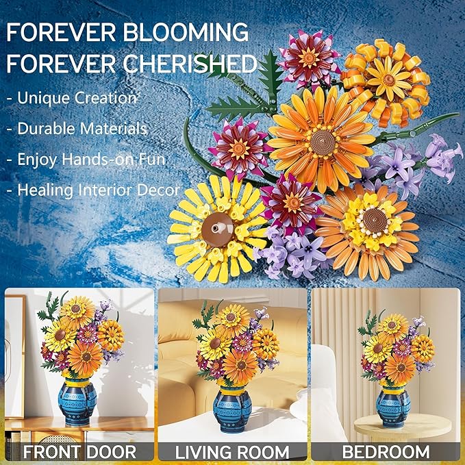 Sunflower Bouquet Building Blocks w/ Vase Set 1065 PCS Botanical Collection Birthday Gifts for Mom Women Grandma Adult Her Mother's Day Artificial Flower Home Decor Stocking Stuffers for Teen Girls