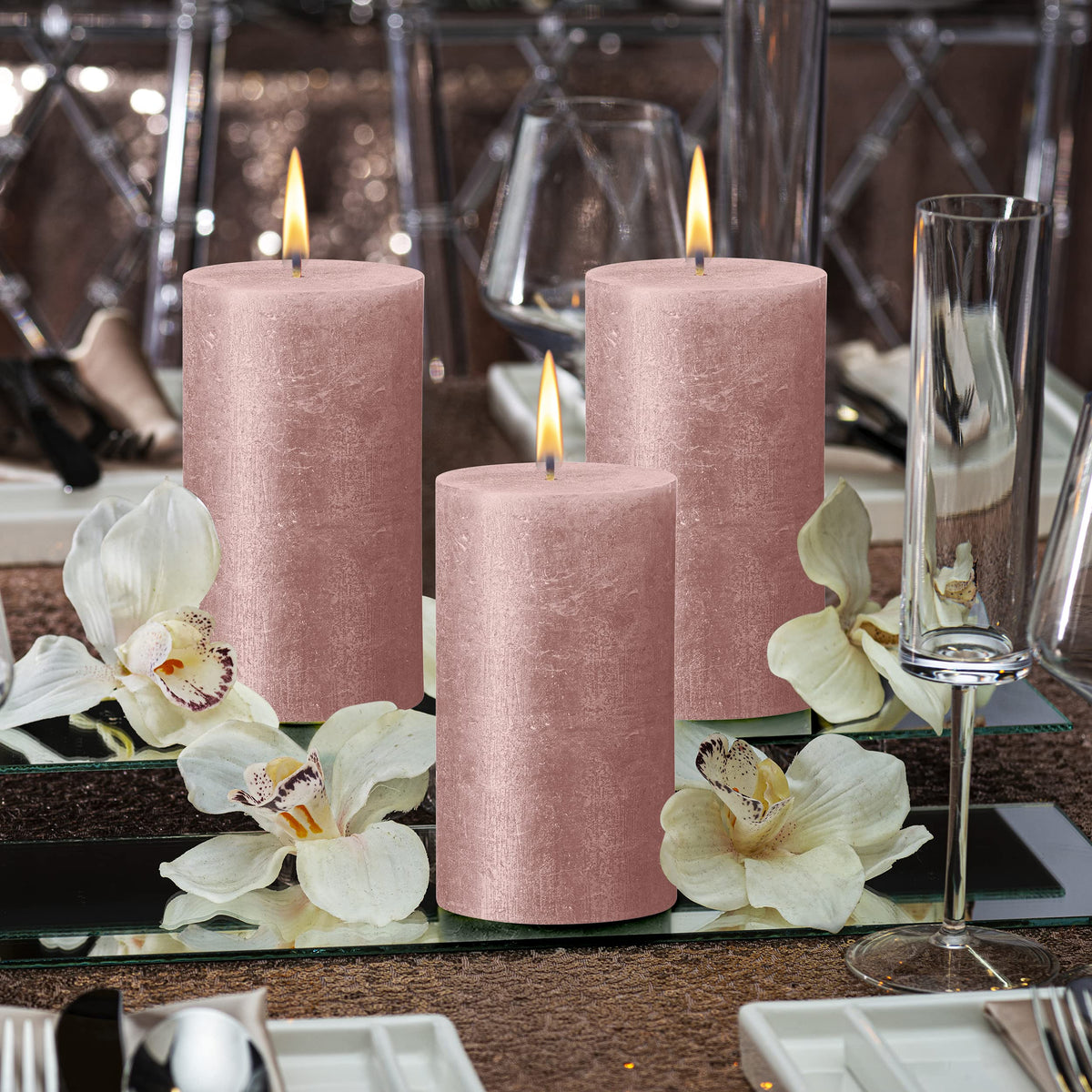 BOLSIUS Pink Shimmer Metallic Pillar Candles 4 Pack - 2.75 X 7.5 Inches - Premium European Quality - Includes Natural Plant-Based Wax - Unscented Dripless Smokeless 85 Hour Party & Wedding Candles