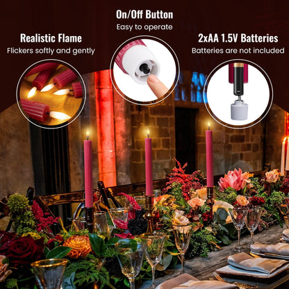West Ivory 12 Pack, 10" LED Flameless Pink Fluted Ribbed Grooved Taper Candles with 2 Remotes & 24h Timer Memory, On/Off Button, Dimmable, Flicker Mode, Battery Operated, Christmas Menorah Wedding