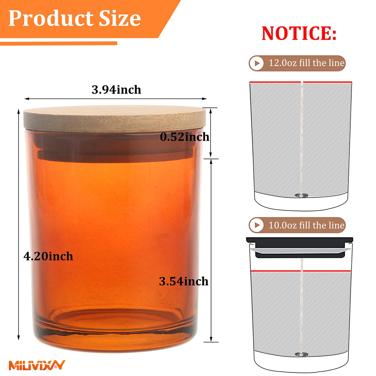 MILIVIXAY 12Pack 12 OZ Amber Thick Glass Candle Jars with Lids - Bulk Empty Candle Jar for Making Candles - Spice, Powder Containers.