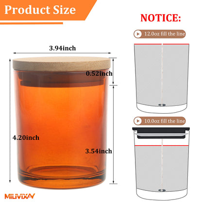 MILIVIXAY 12Pack 12 OZ Amber Thick Glass Candle Jars with Lids - Bulk Empty Candle Jar for Making Candles - Spice, Powder Containers.