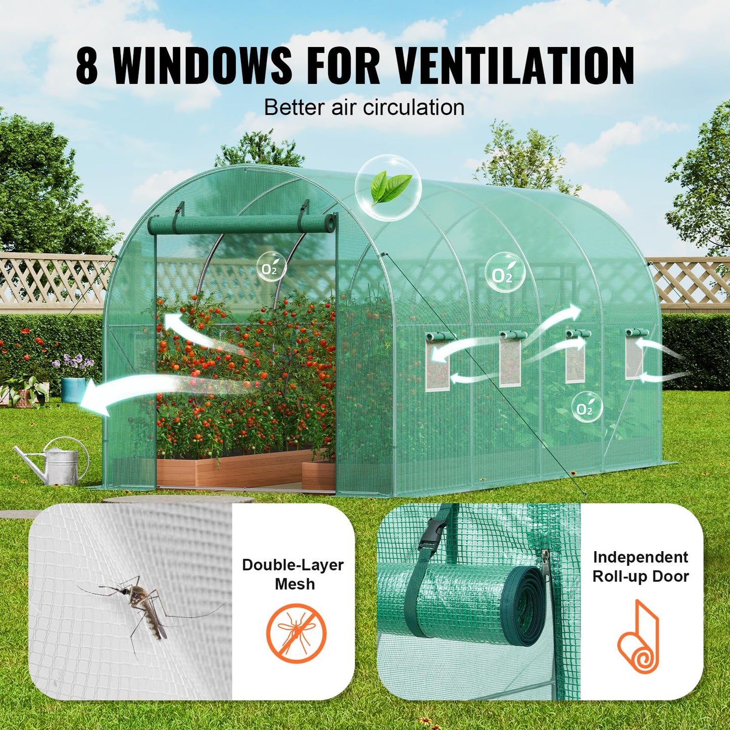 VEVOR Walk-in Tunnel Greenhouse, 14.6x6.4x6.3 ft Hoop House Greenhouse Tunnel, Plant Hot House with Galvanized Steel Frame, Green PE Cover, Roll-up Zipper Door and 8 Windows for Outdoor