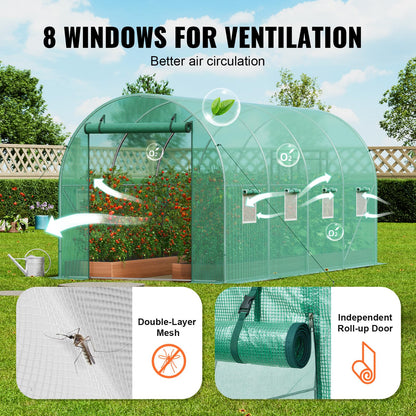 VEVOR Walk-in Tunnel Greenhouse, 14.6x6.4x6.3 ft Hoop House Greenhouse Tunnel, Plant Hot House with Galvanized Steel Frame, Green PE Cover, Roll-up Zipper Door and 8 Windows for Outdoor