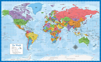 3 Pack - World & USA Maps + Solar System Poster Set [BLUE] (LAMINATED, 18" x 29")