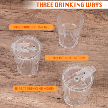 ALYBIT 13oz/400ML Glass Tumbler with Straw and Lid Ribbed Vertical Ice Coffee Cups Sealed Carry on for Coffee Iced Tea, Thick Wall Glassware Tumbler Water Glass (Clear 1pc)