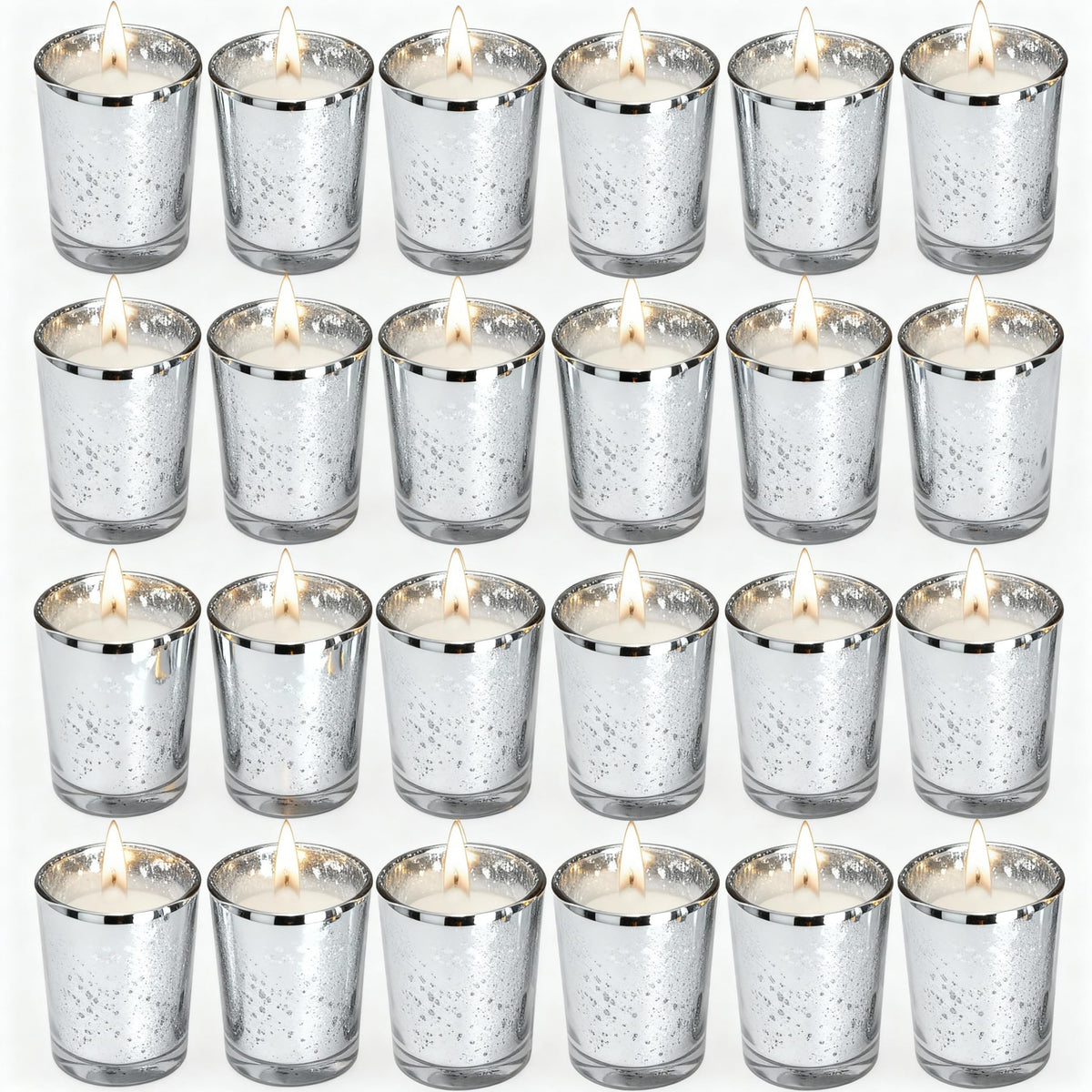 Soft Breeze 24 PCS Speckled Mercury Silver Glass Votive Candle, Unscented Silver Glass Candle, Christmas or Wedding for Table Home Birthday Anniversary Candles