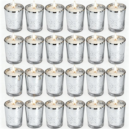 Soft Breeze 24 PCS Speckled Mercury Silver Glass Votive Candle, Unscented Silver Glass Candle, Christmas or Wedding for Table Home Birthday Anniversary Candles