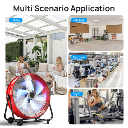 Mountman 30" High Velocity Floor Fan, 14000CFM Heavy Duty Industrial Drum Fan, 360° Tilt with 2 Casters, 550W, 3 Speeds, Handle, Outdoor Metal Shop Fan for Garage, Factory,Patio,Basement, Commercial
